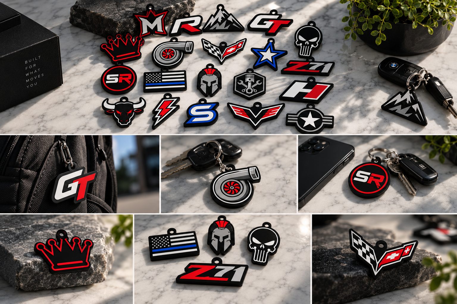 Keychain run laid out on stone